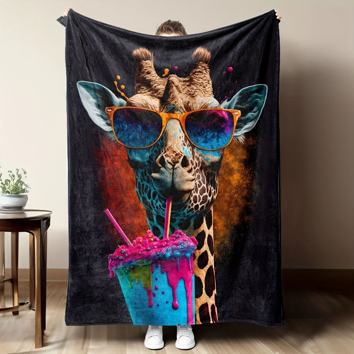 Giraffe and ice cream pattern Flannel printed blanket suitable for all seasons suitable for living room office sofa and travel