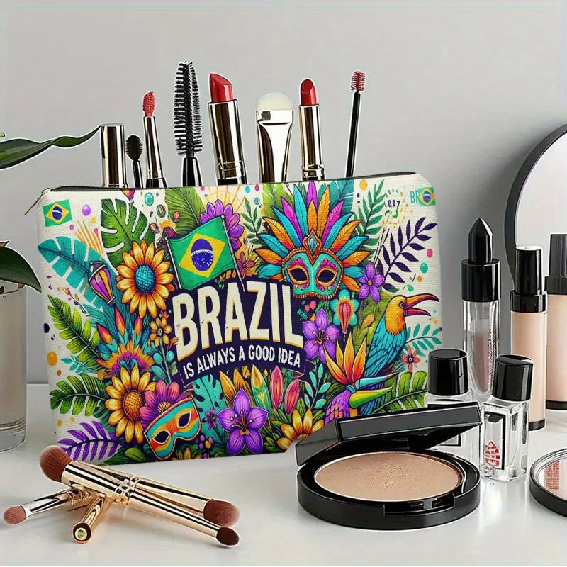1 Makeup Bag Brazilian Carnival Floral And Bird Mask Lightweight Zippered Stylish Design Makeup Bag Suitable For Travel And D