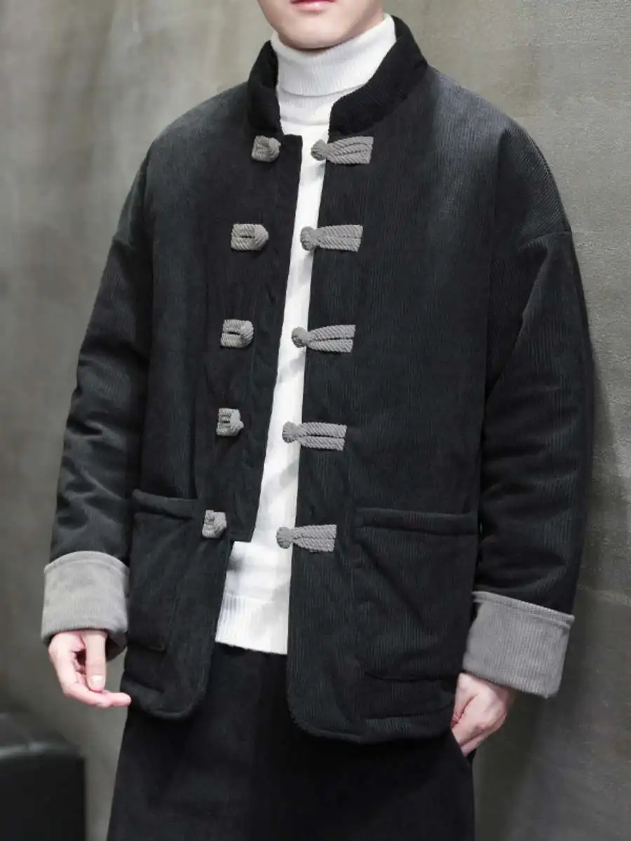 

Новое мужское пальто из вельветового хлопка Thiened, зимнее пальто большого размера на пуговицах, китайское пальто с длинным светом и воротником-стойкой