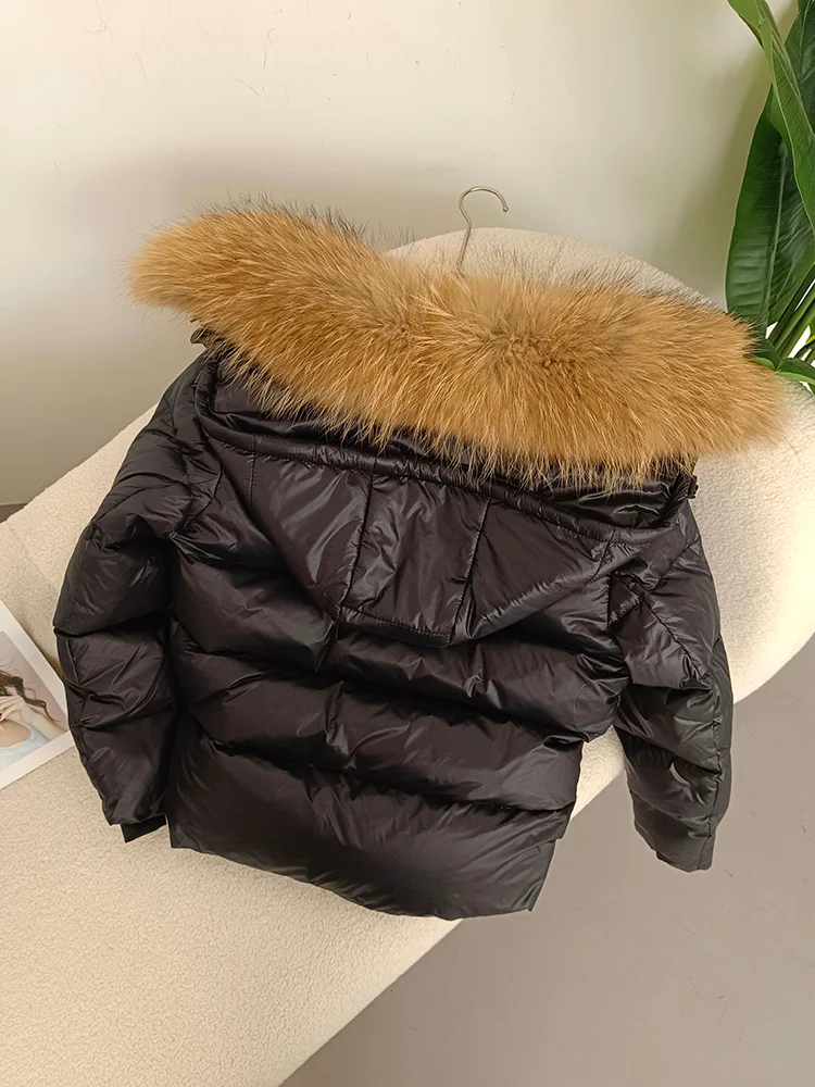 OFTBUY Echter Fuchspelzkragen mit Kapuze Winterjacke für Damen aus weißem Entenfedermaterial, kurz geschnitten, schwarz-gold, dicker warmer Mantel, luxuriöse Oberbekleidung. – Detail 25