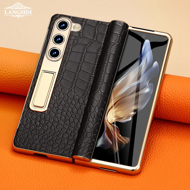 

Genuine Leather Case for Samsung Galaxy Z Fold 7 6 5 4 3 Fold6 Fold5 Fold7 Magnetic Hinge Stand Back Cover with Mirror Film