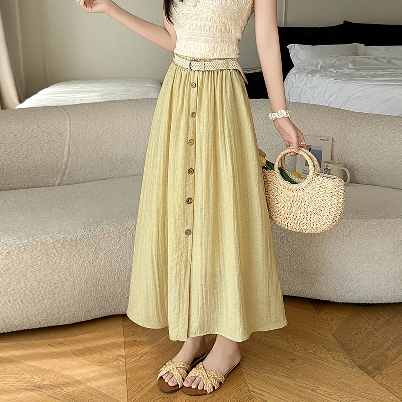 New Fashion Cotton Linen Skirt Women Summer High Waist A-line Single Breasted Casual Midi Skirts Elegant Office Lady Jupe