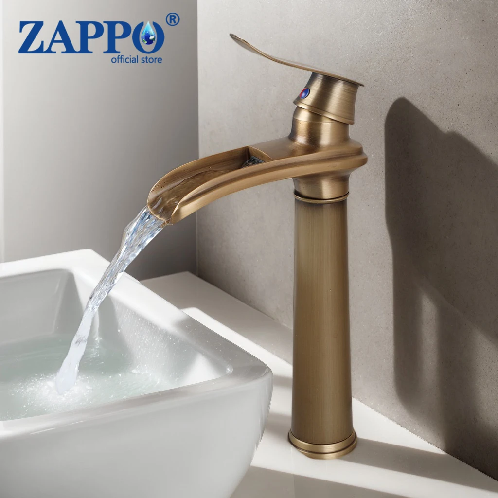 ZAPPO Antique Brass Bathroom Sink Faucet Waterfall Faucets Solid Brass Lavatory Vanity Hot Cold Water Mixer Tap 10 Choice