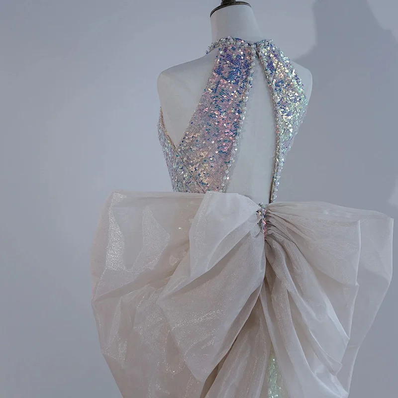 Vestido de fiesta de noche Vintage para mujer, falda de cola de pez con lentejuelas y decoración de lazo de perlas, sin espalda, sin mangas