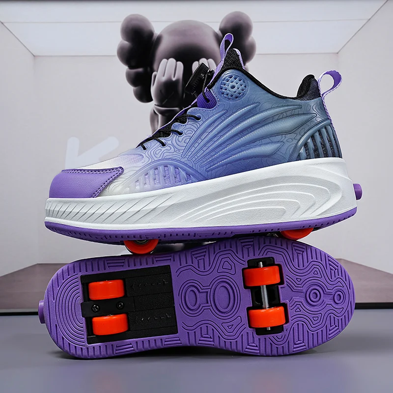 Boys Girls Roller Shoes With 4 Wheels High Quality Flashing Youth  LED Lights Deformation Parkour Semi Professional Skate Shoes