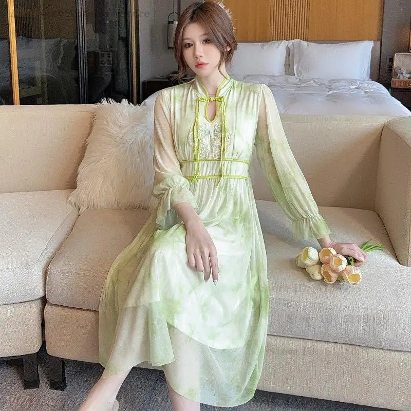 Retro Chinese Style Nightgown Loungewear Elegant Women's Sleepwear Home Dress Spring Summer New Long Sleeve Nightdress Nightwear