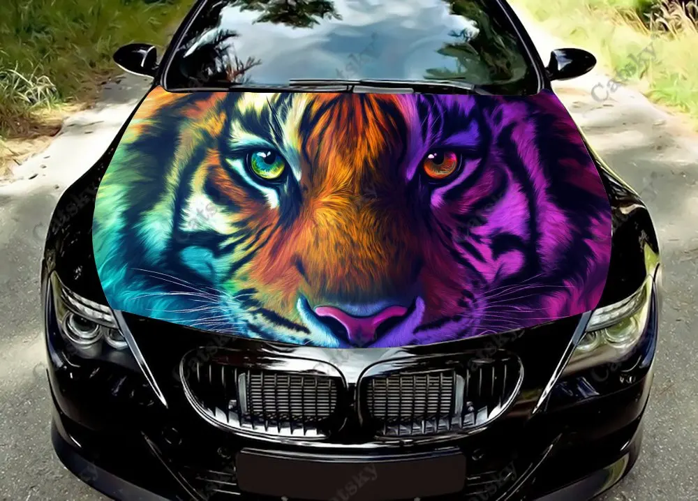 Animal Rainbow Tiger Print Car Hood Wrap Color Vinyl Sticker Truck Graphic Bonnet Custom Auto Accessories Decoration Decal Gift