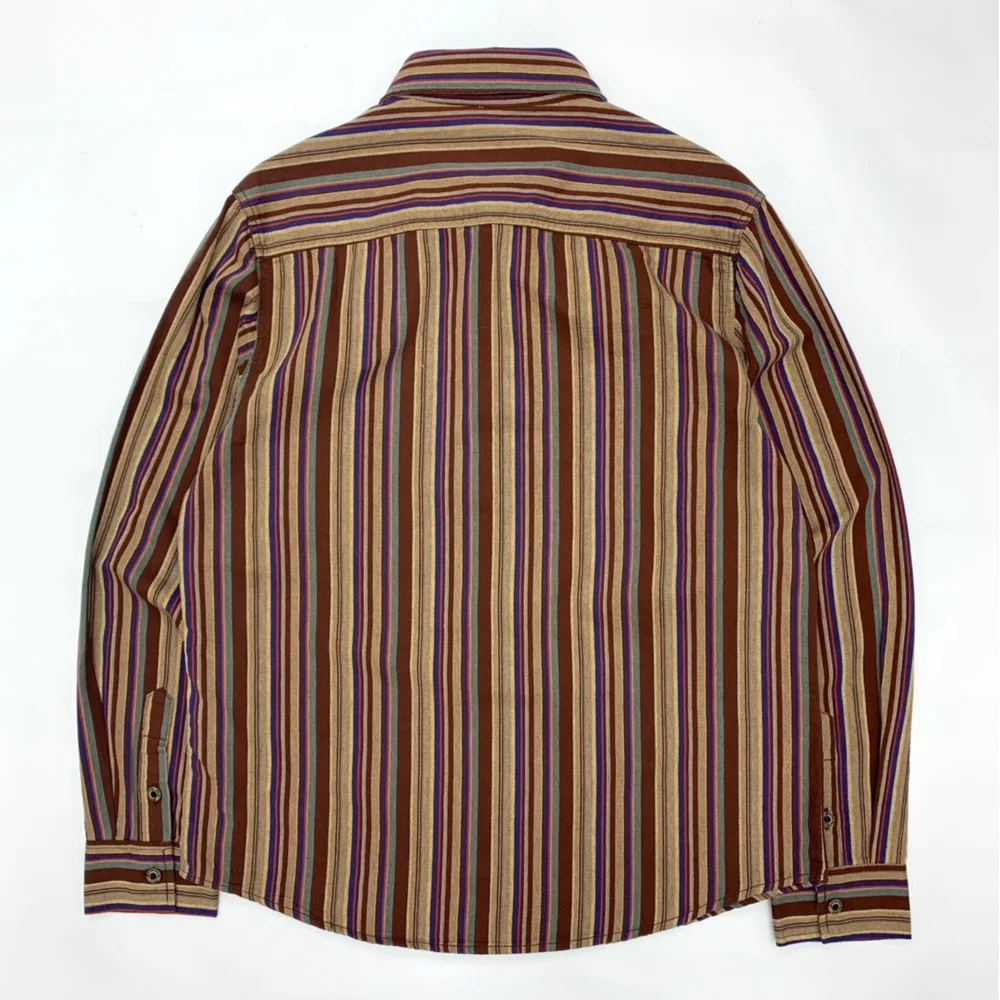Mens Premium Twill Shirts Loose Fit Amikaki Ethnic Style Colorful Striped Shirt Long Sleeve Workshirt Cotton Workwear Jacket