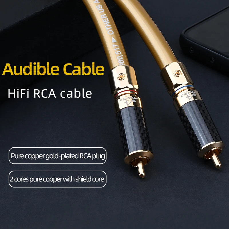 ATAUDIO 1 Pair RCA Audio Cable High Purity OFC Core 2RCA Male Cable with Pure Copper Gold Plated Plug for Amplifier DAC TV