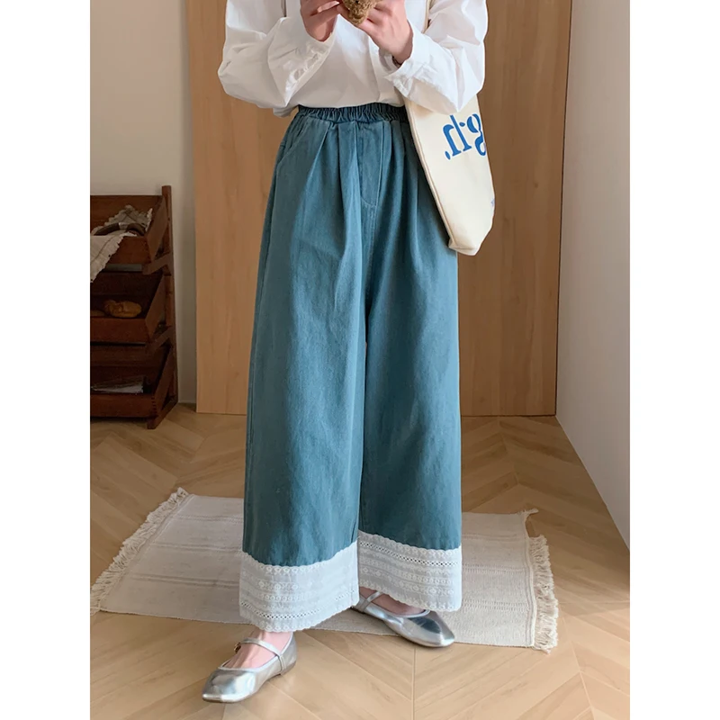 

Korean Fashion Women Lace Patchwork Jeans High Waist Wide Leg Baggy Denim Pants Female 2024 New Summer Elastic Waist Trousers