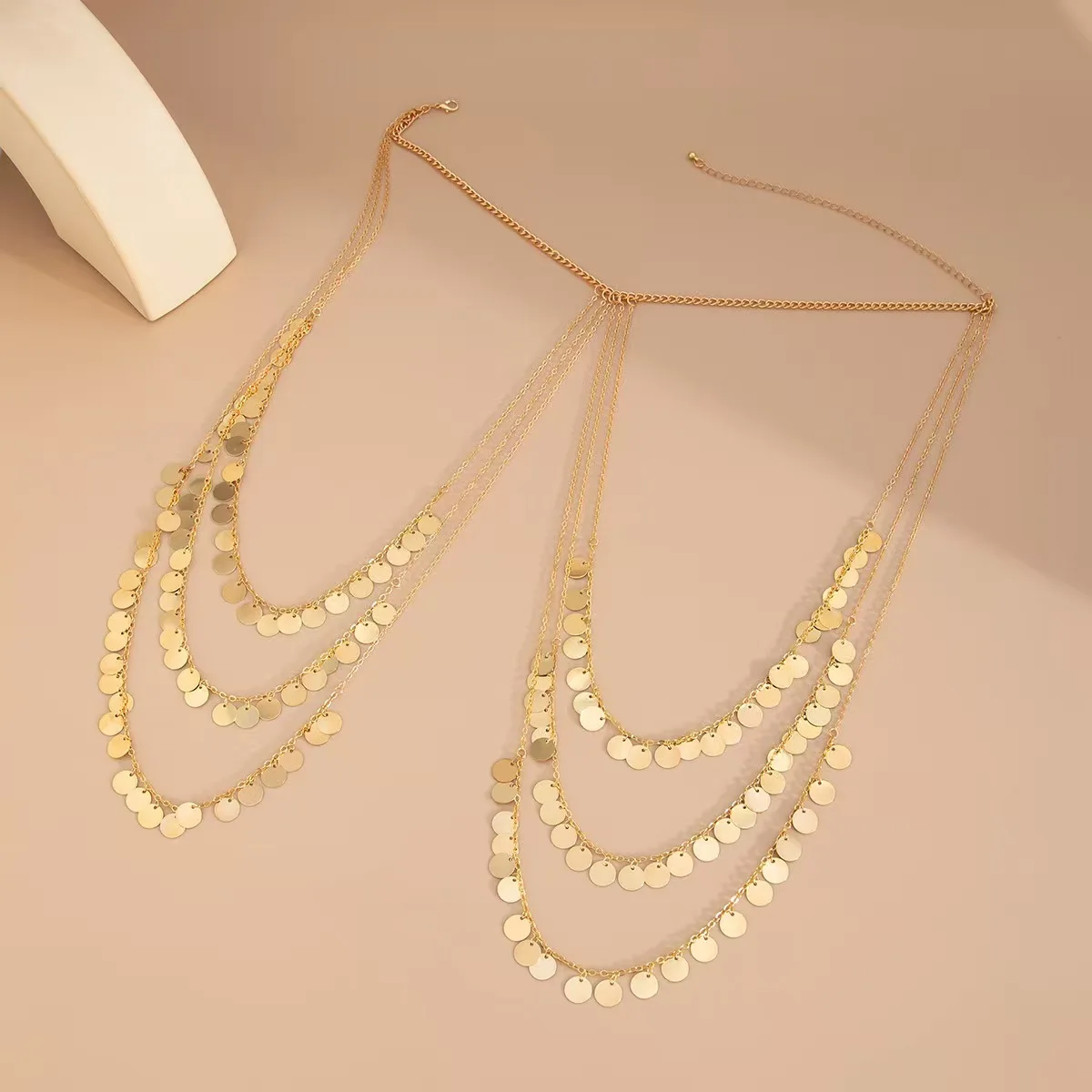 

Gold Plated Metal Geometric round Wedding Bridesmaid Body Chain Multi-Layered Tassel Chest Chain Sexy Ladies Jewelry