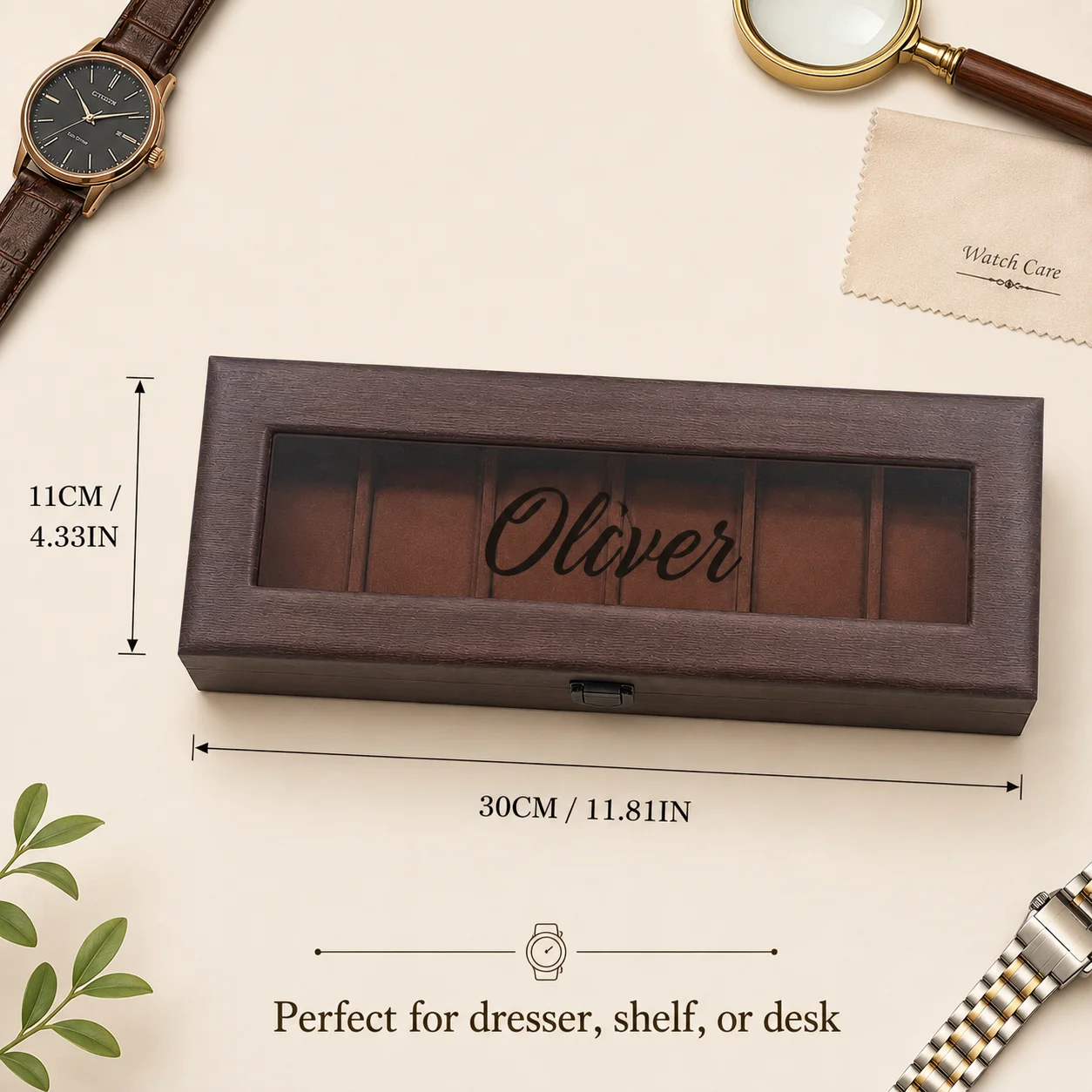 Personalized Watch Box Custom Engraved Wooden Watch Display Case Clear Lid Organizer Gift for Dad Husband Birthday Anniversary