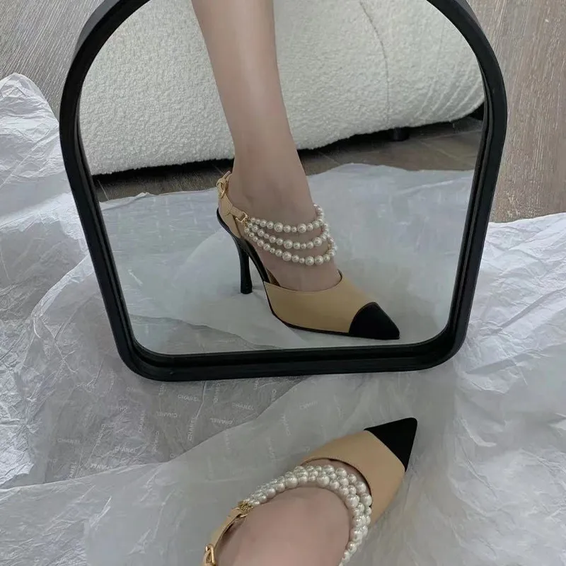 

Pearl Strap Patchwork Female Pumps Pointed Head Sandals Summer Cover Heel Stiletto Slingback Shoes Women Party Zapatos Mujer