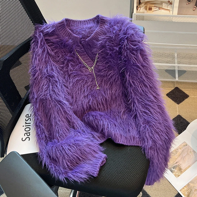 2024 Popular Mohair Purple Sweater Women\'s Autumn New Mink Fur Sweater Furry Coat Lady Plus Size Long Sleeve Sweater