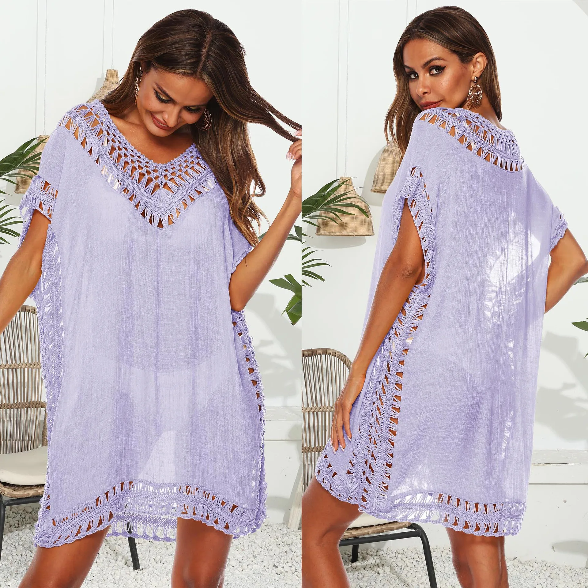 Frauen V-ausschnitt Häkeln Cover Up Sexy Aushöhlen Quaste Lose Strand Duster Kaftan Kleid Tunika Solide Bikini Cover-Ups bademode