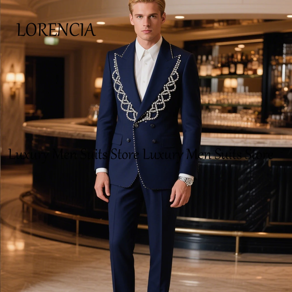 

Leisure Crystal Male Suit 2 Pieces Wedding Groom Outfits Peaked Label Tuxedos Customized Blazer Pants ternos masculino completo