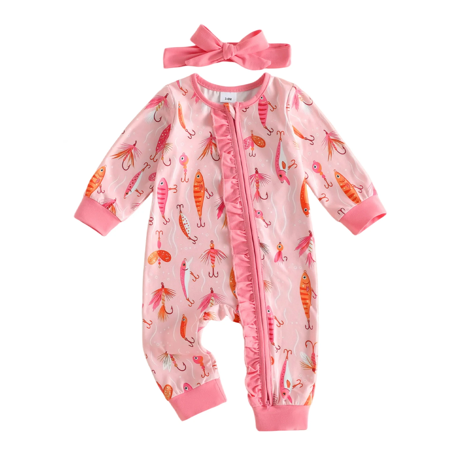 Baby Girls Fall Outfits Cute Fish Print Long Sleeve Romper and Headband