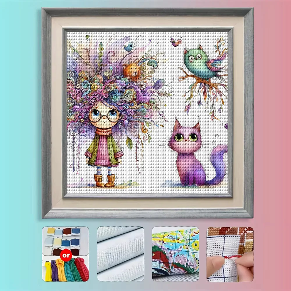 1PCS Whimsical Girl Cross Stitch Kit DIY 11CT Embroidery Home Wall Decor Gift Handmade Material Frameless Semi-Finished 46×46cm