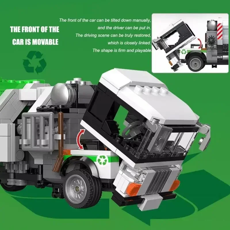 MOC Classic City Technical Sanitation Garbage Truck Vehicle Building Blocks Cleaning Car Model Assemble Bricks Toy for Kid