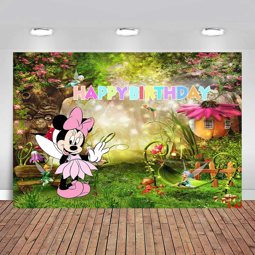 

Minnie Mouse Fairy Garden Backdrop Happy Birthday Pink Fairy Photo Background for Girls 1st Birthday Party Woodland Fairy Banner