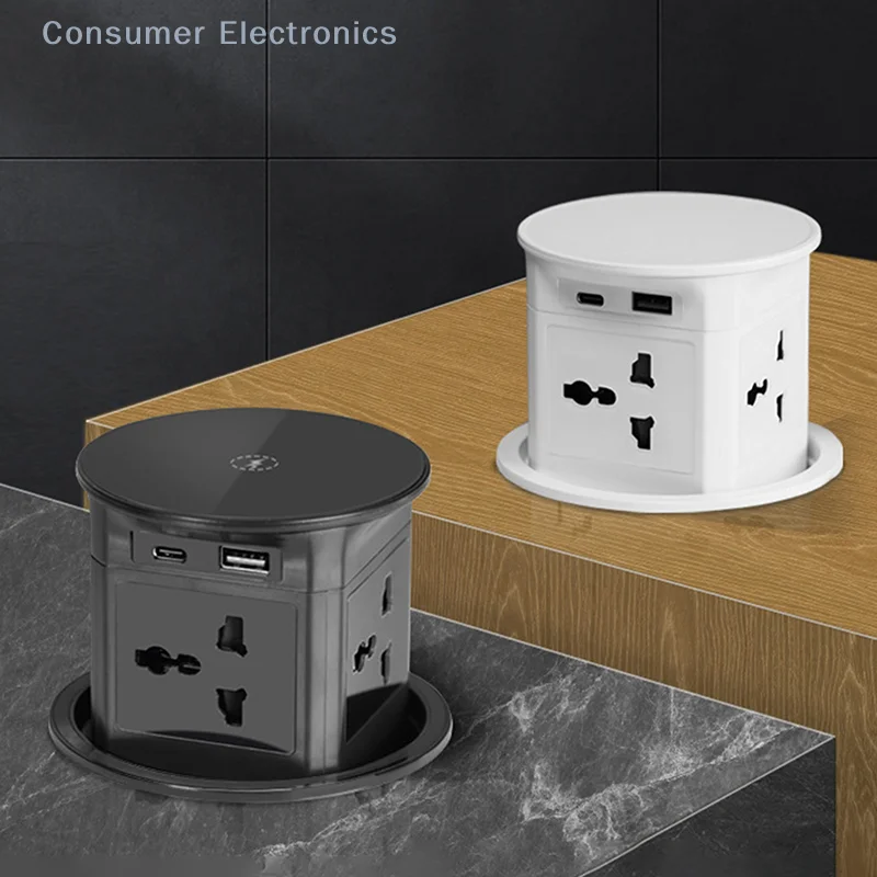 Lifting Desk Power Automatic Pop Up Elevator Socket Tower Socket US UK Plug Adapter USB Wireless Charge Hidden Outlets