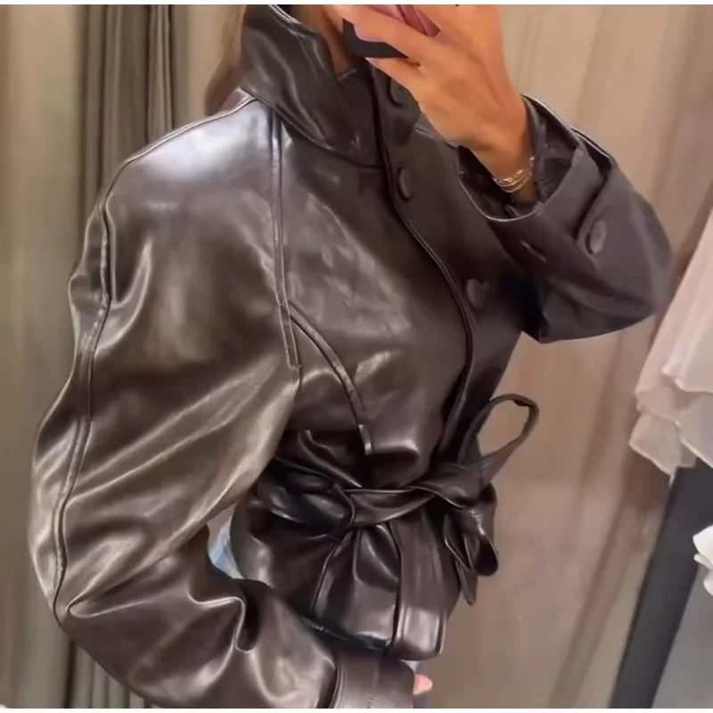 Guobioziy Glossy Shoulder-Patch Faux Leather Jacket with Belt Padded Shoulders 2026 Fall Women's Fashion Casual Leather Coat