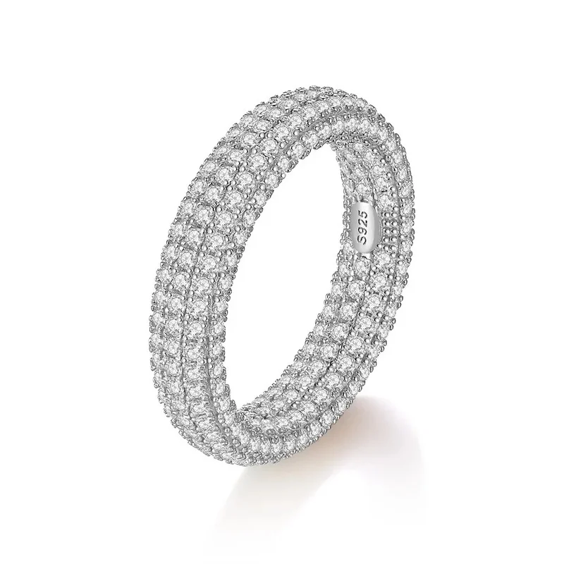 S925Silver Moissanite Iced Out Triple Row Ring 5A CZ Eternity Band Hip Hop Bling Jewelry Gold Plated Men Women Rapper Wide Ring