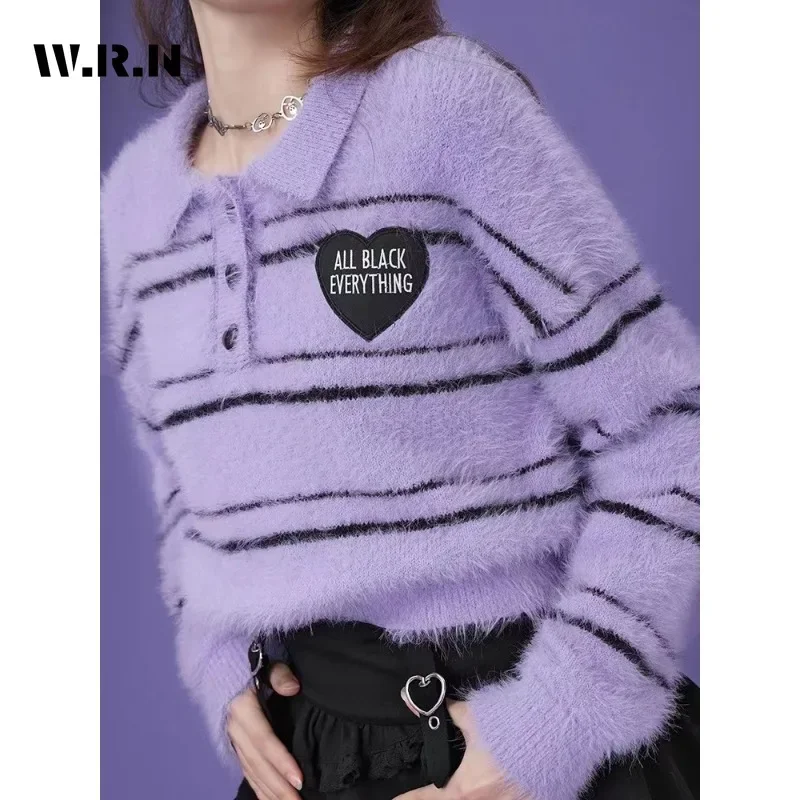 2023 Winter Sweet Casual Y2K Knitting Long Sleeve Heart Appliques Pullovers Korean Fashion Women Striped Slim Ladies Sweater