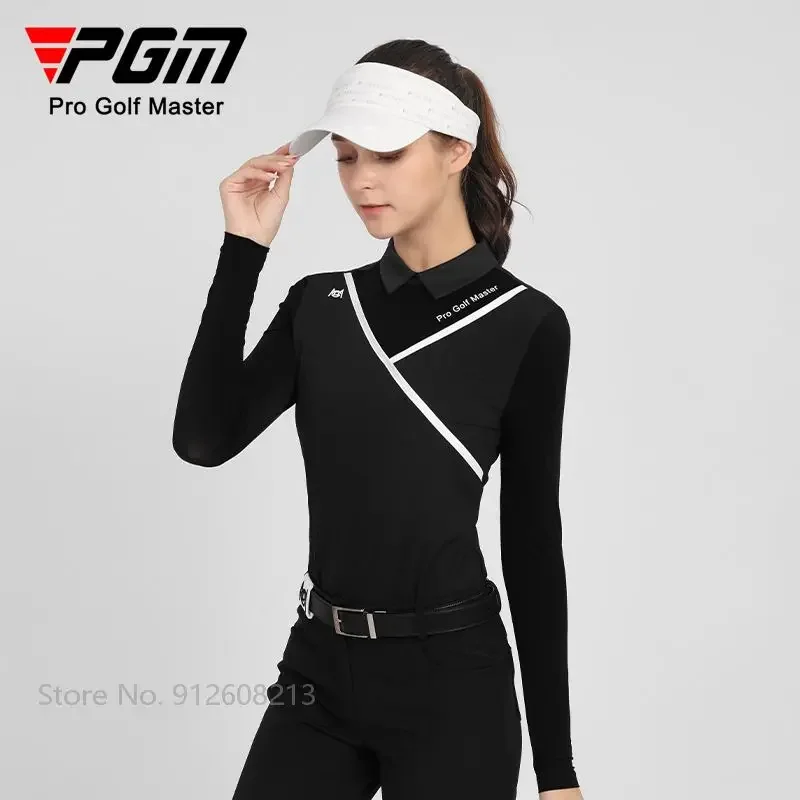 PGM Ladies Ice Silk Long-sleeve T-Shirts Women Elastic Sunscreen Golf Shirts Back Zipper Tops Anti-UV Casual Golf Sportswear