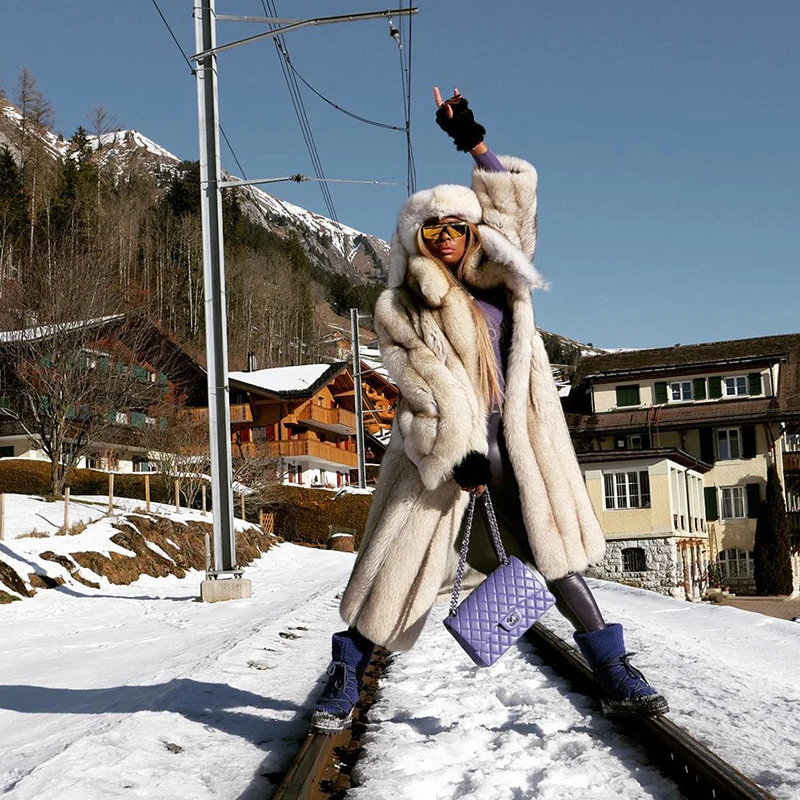 Veste de luxe en fourrure de renard véritable pour femme, vêtement d'extérieur à manches longues, à rayures verticales, col montant, hiver