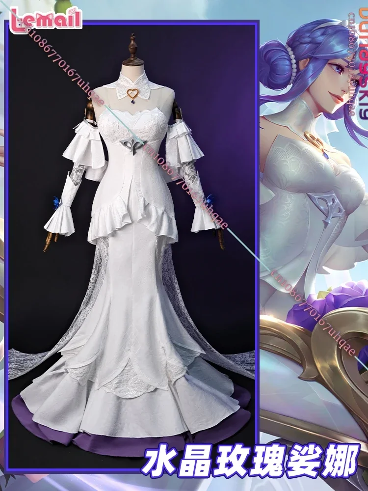 أزياء كوسبلاي كريستال روز سونا التأثيرية لعبة دوري الأساطير ملابس لعب الأدوار فستان أبيض طقم شعر مستعار أنيمي للحفلات Unifo