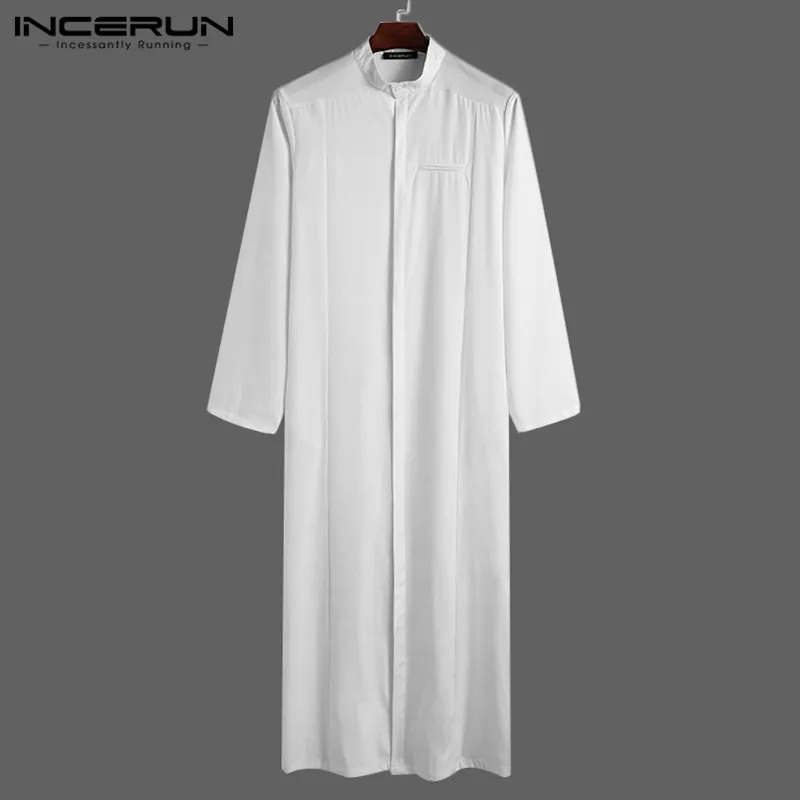 INCERUN 2024 New Men Muslim Fashion Clothes Solid Jubba Thobe Long Sleeve Stand Collar Pockets Robes Islamic Arabic Kaftan S-5XL