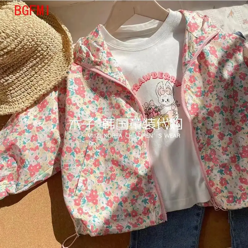 Korean Children\'s Clothing Girls Pink Floral Zipper Hooded thin Jacket for Spring Wear New Baby Loose Casual Top Windbreaker