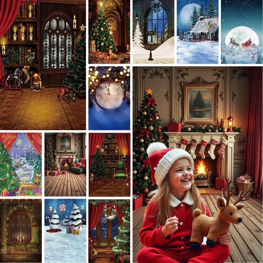 

MOON.QG 2026 New Christmas Photo Background Xmas Tree Fireplace Photography Backdrop Photocall Party Decor Studio Accessories
