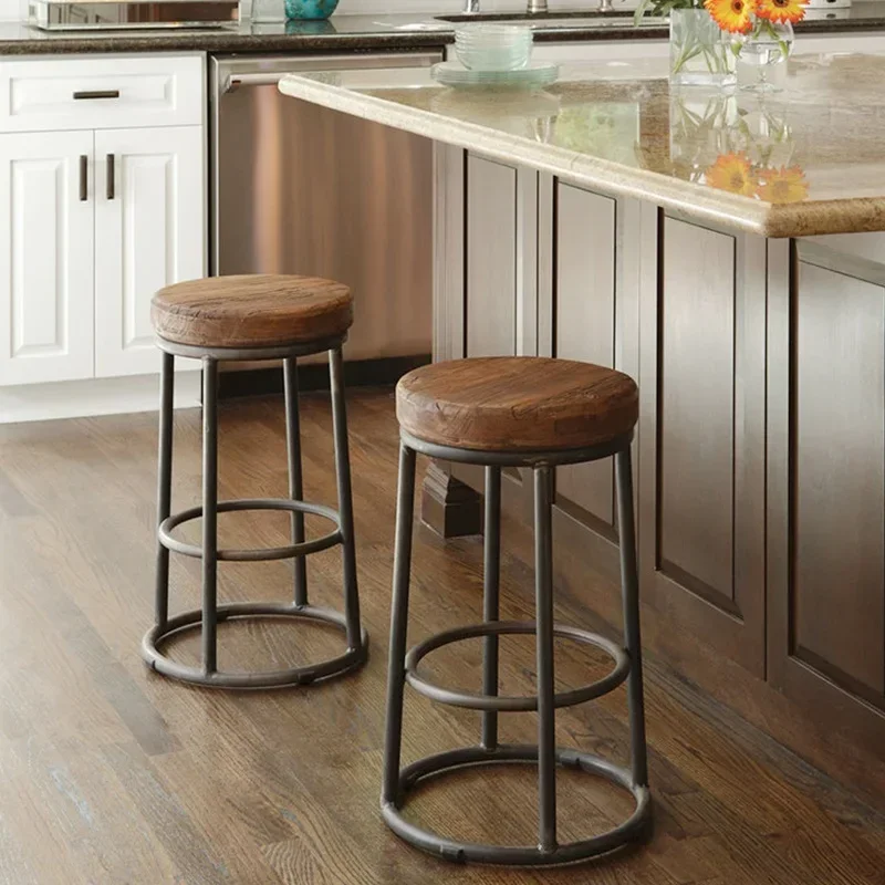 American Retro Iron High Footed Bar Stools, Solid Wood Seating, Leisure Seats, Coffee Shops, Restaurant Furniture