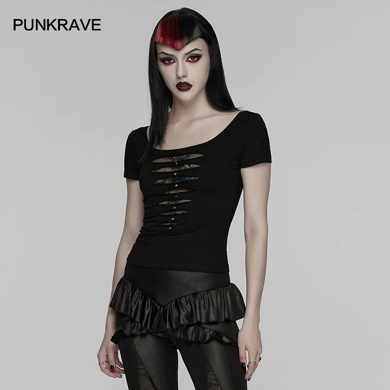PUNK RAVE Women's Punk Mesh Perspective Soft Knit Short Sleeve T-shirt Personalized Tattered Holes Lace Lining Simple Sexy Tops