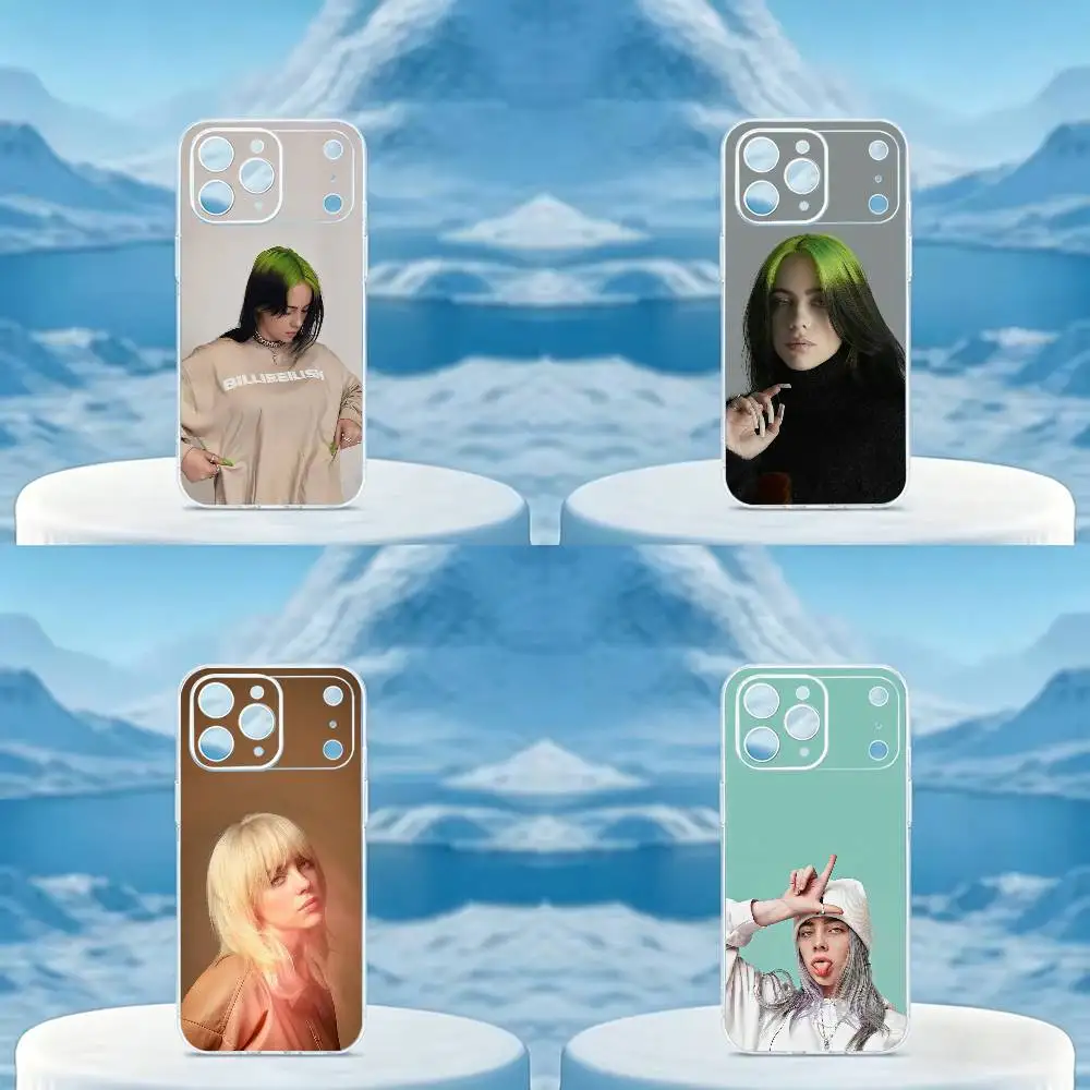 Coque de téléphone transparente souple pour iPhone, avec image de la chanteuse pop représentative Billie Eilish, compatible avec les modèles 14, 16, 15, 17, 13, 12, 11 Pro Max Plus