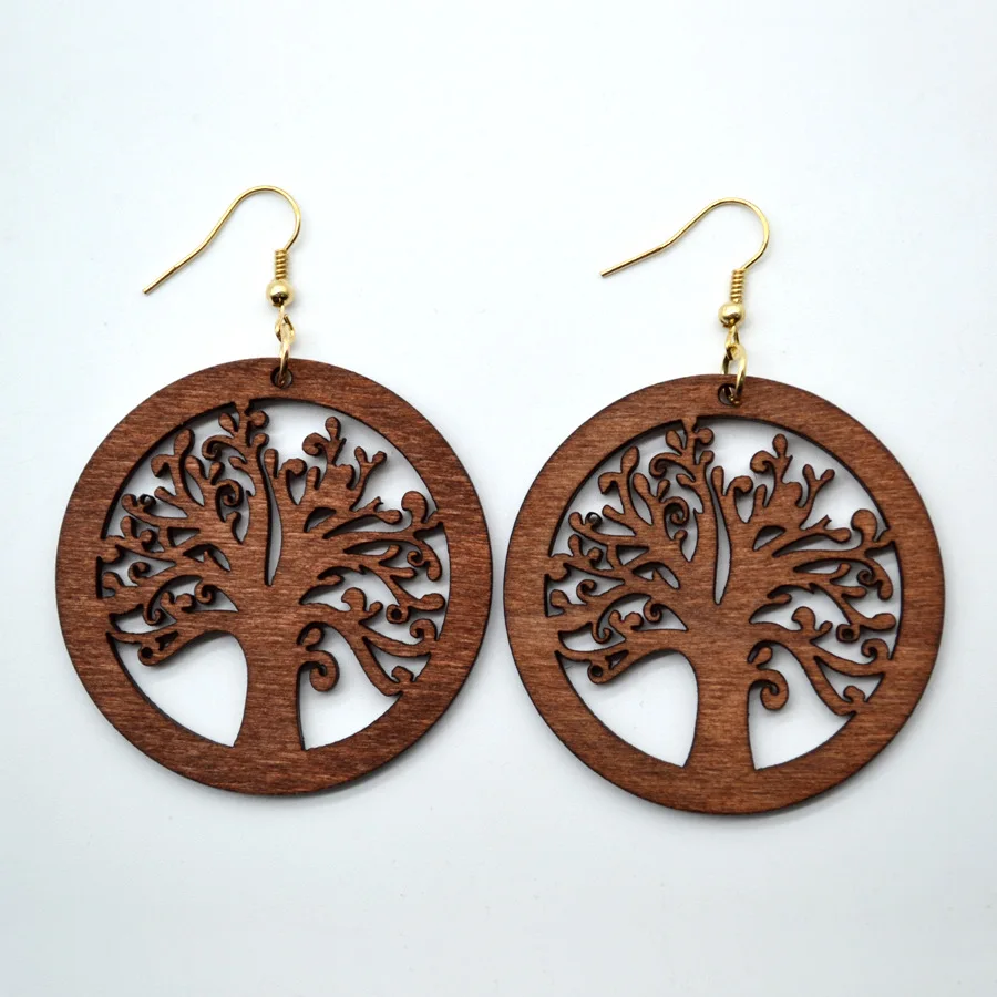 Real Wood Tree of Life Earrings Wooden Yggdrasil Spirital Amulet Ear Drop Hyperbole Round Dangle Casual Healing Woman Jewelry