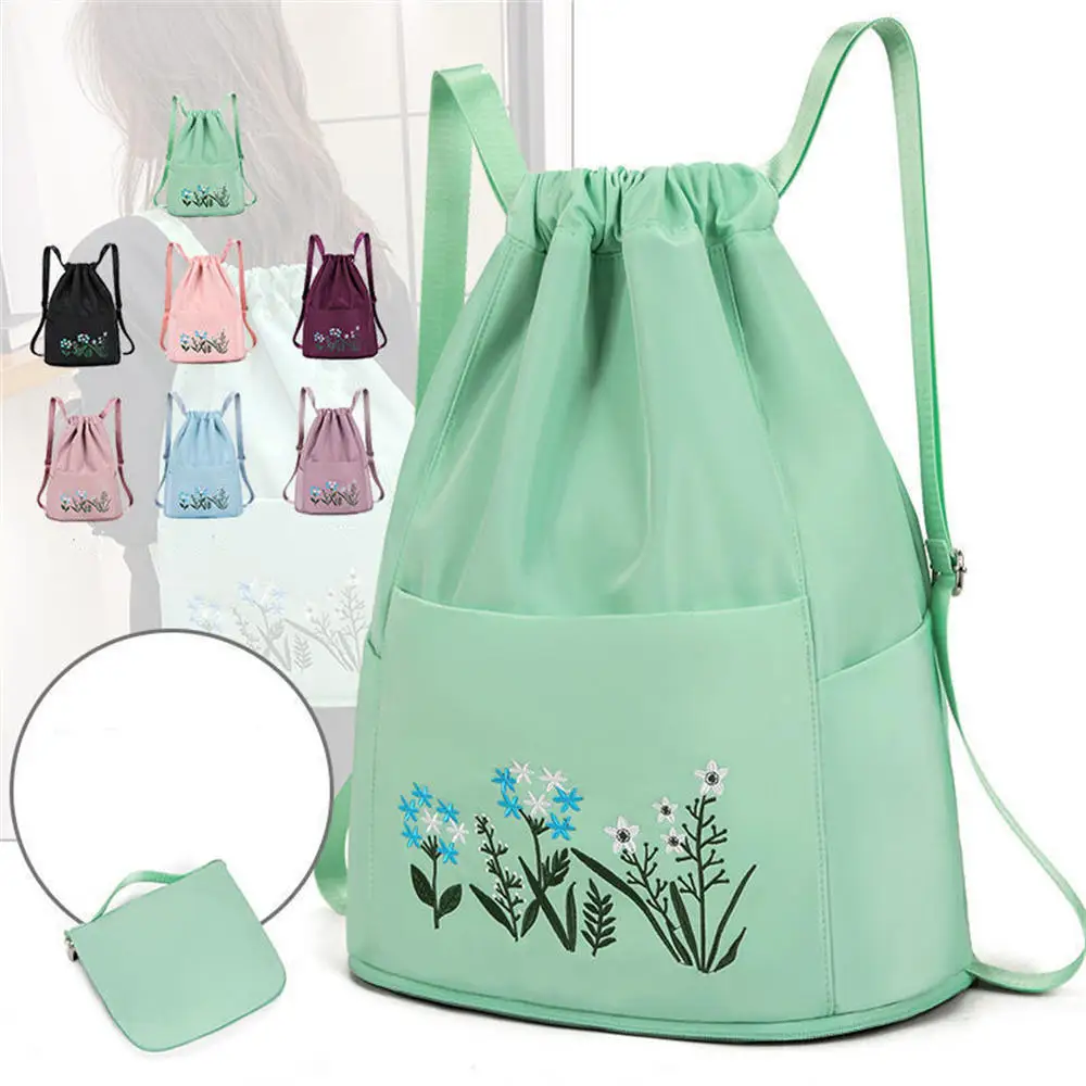 Embroidered Printed Pattern Drawstring Backpack Organizer Swimming School Fitness Bag Foldable Nylon Travel Bag Sports Gym Bags