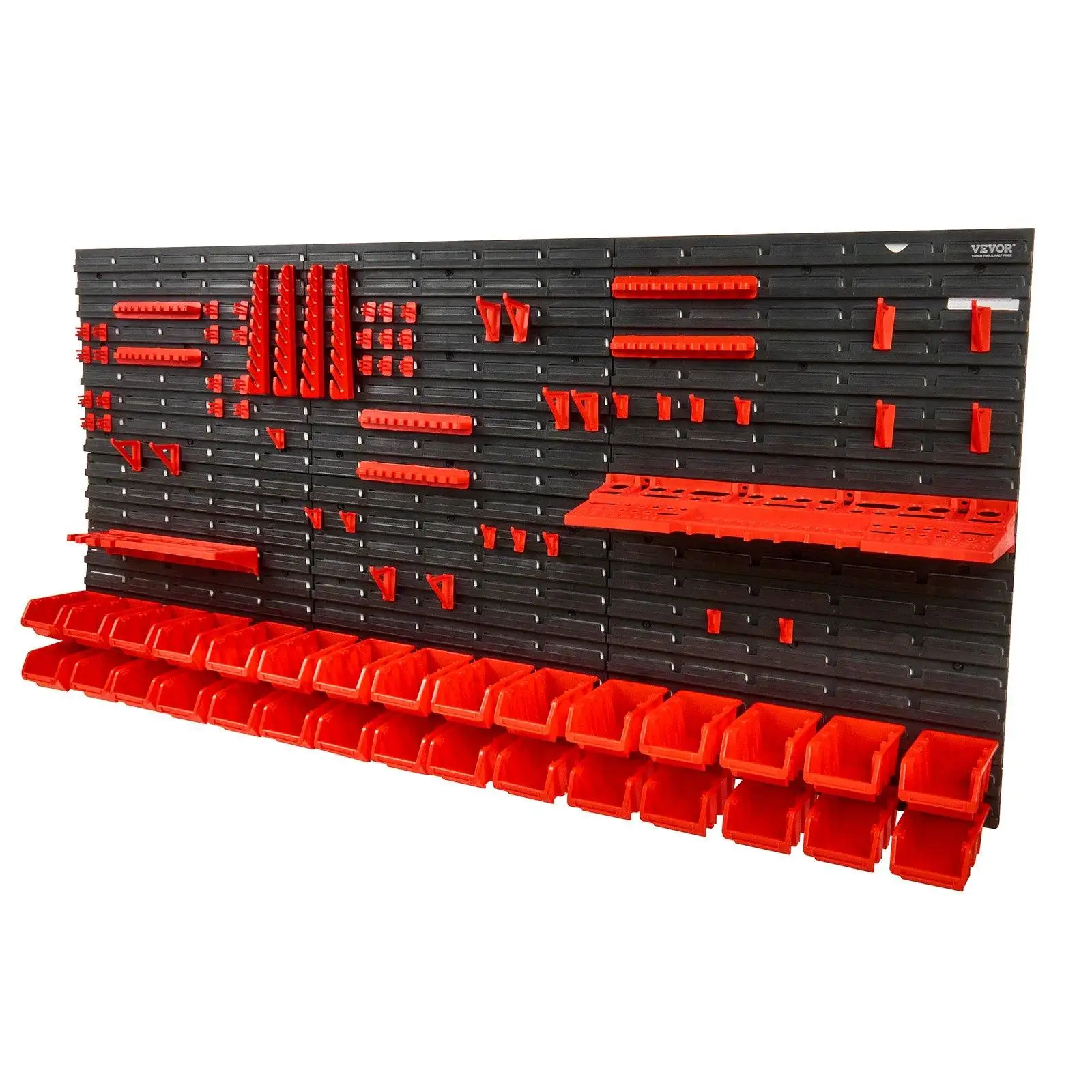 Wall Mounted 30-Bin Plastic Parts Rack Organizer Hardware Storage Bins with Panels Tool Holders Hooks Shelves for Nuts Bolts Screws Repair Tools Workshop Garage Organization Accessories