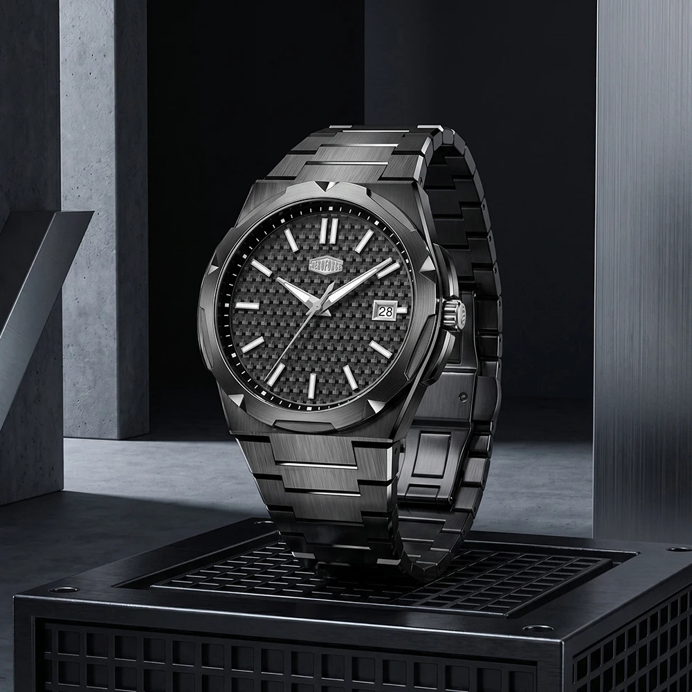 HEROFORCE Business Casual Analog Watch, Anti-Rust Stainless Steel Band, Unique Textured Dial with Calendar Function