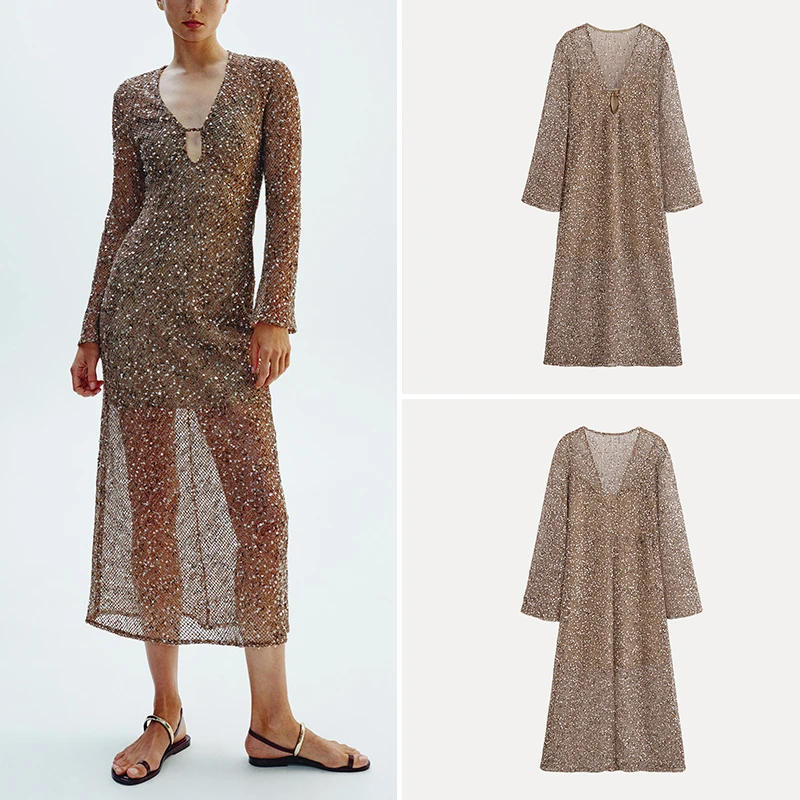 เดรสลูกปัดเอไลน์เอวสูงทรงเอ แขนยาว คอวี สีพื้น สำหรับผู้หญิง แฟชั่นฤดูร้อน รุ่นใหม่ล่าสุด