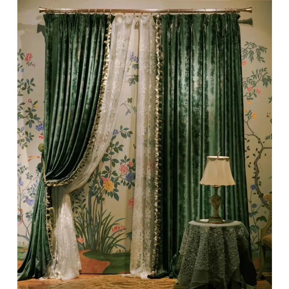 

Luxury Custom Vintage Dark Green Gold Embossed Velvet Blackout Curtains for Living Dining Room Bedroom Villa Finished Drapes