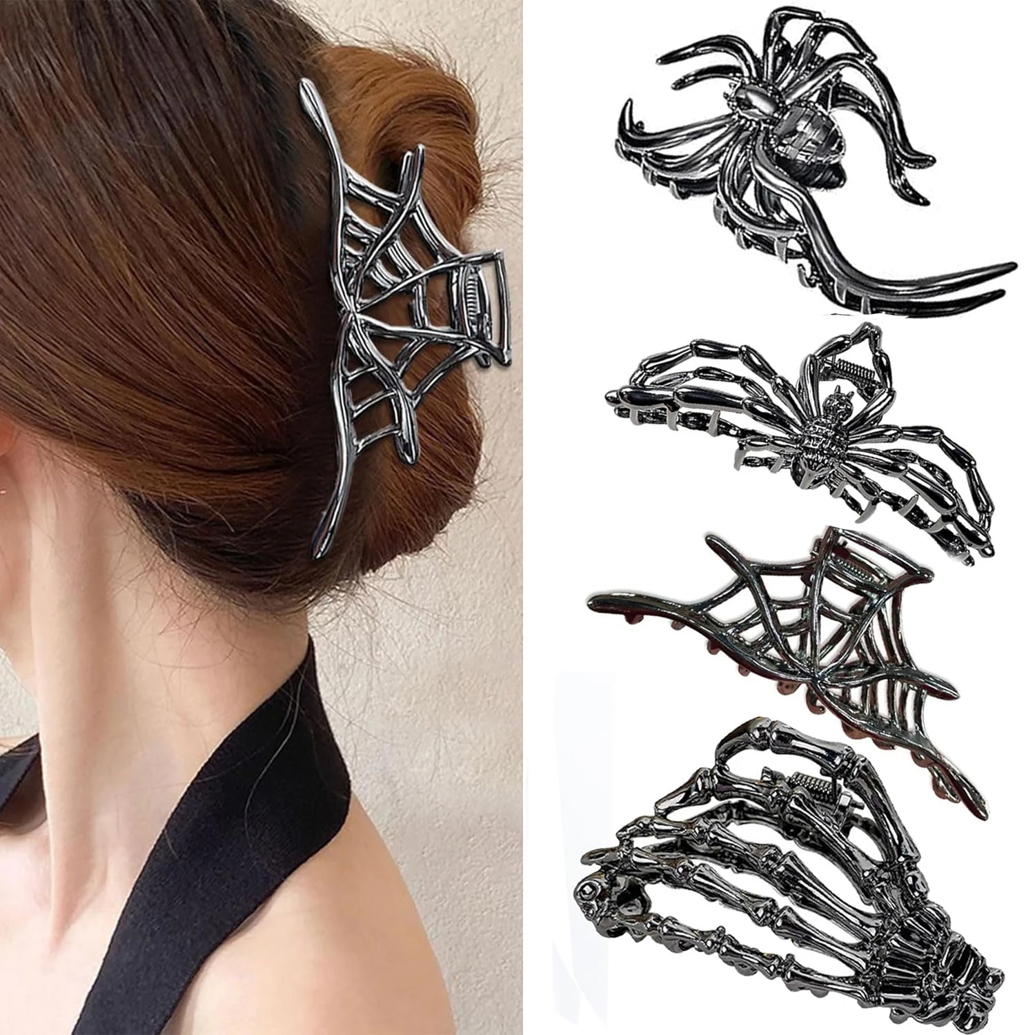 Punk Halloween Spider Skeleton Hand Hair Claw Clips for Women Metal Shark Clamp Gothic Crab Holiday Hair Accessories Girls