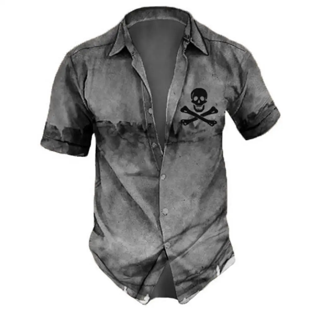 Vintage Men's Shirt Hip Hop Skull Print Short Sleeve Oversized Top Tees  Old Casual Hawaiian Men Clothing Lapel Streetwear