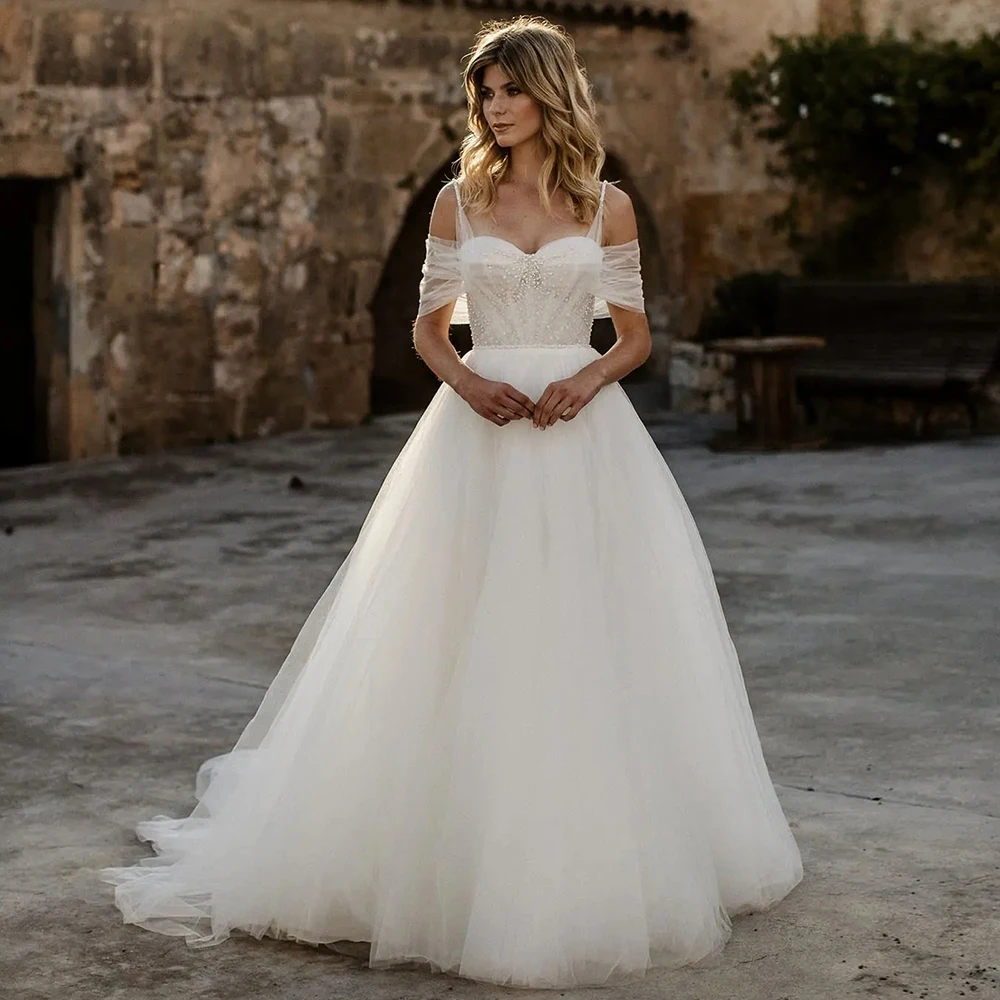 

Exquisite Hall Wedding Dresses Tulle A-line Wedding Party Dress Ivory Off-the-shoulder Pearls Pleat Ruched Lace-up Wedding Dress