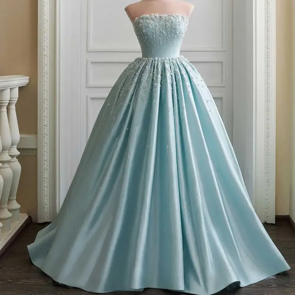 

Customized Satin A-line Evening Gown Pleated Strapless With Crystal Applique Shawl Backless Sleeveless Women's Gorgeous Prom Dre