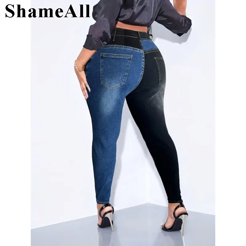 Women's Plus Size Retro Jeans, Plus Size Colorblock Spliced Button  Medium Stretch Skinny Jeans