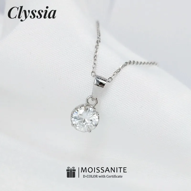 

CLYSSIA 925 Sterling Silver Moissanite Pendant 1ct D Color VVS1 Fine Jewelry Necklace for Her Christmas Wedding Gift Idea