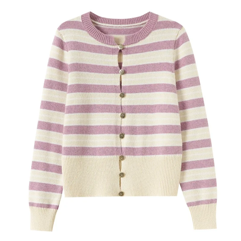 O-neck Color Clash Striped Sweater Green Single Breasted Knitted Jackets Hollow Out Casual Elegant Short Outerwears Stylish 2026
